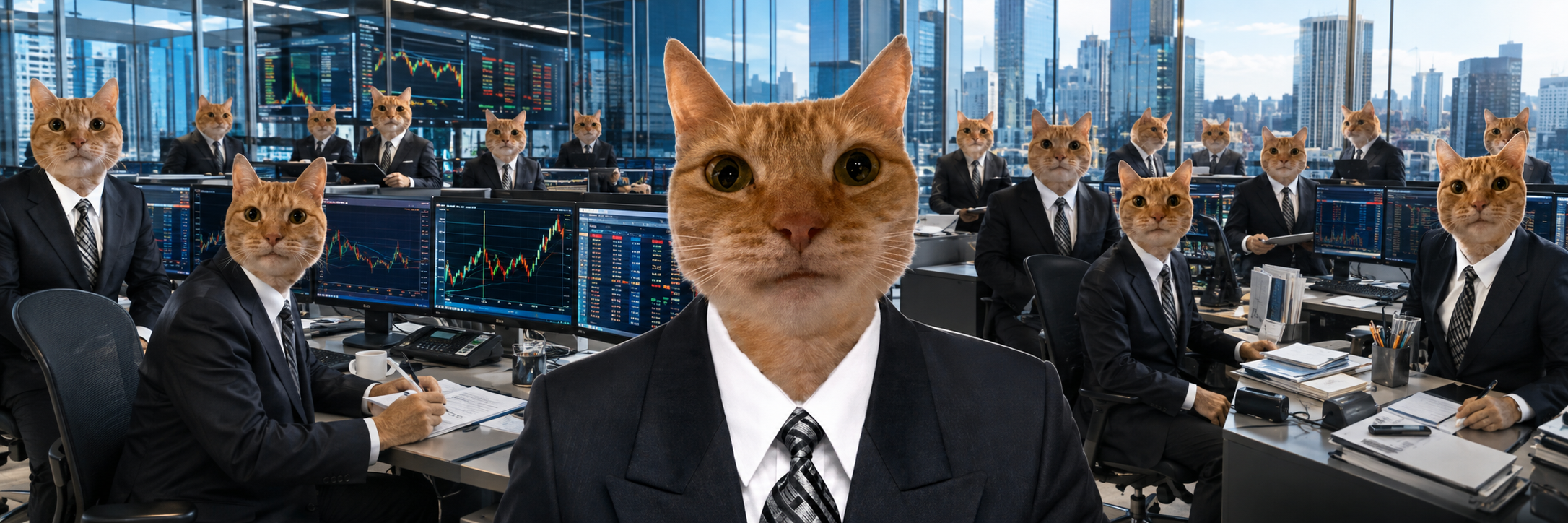 A team of cat-headed traders in suits working at a trading floor